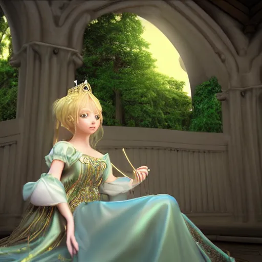 Image similar to a very detailed, ultra-realistic, pleasant, beautiful, funny, smooth 3D CG render, semirealistic anime style, close-up of a gorgeous, cute, gentle, noble priestess magician princess girl wearing dress and jewelry, in a glorious magic kingdom with castle and walls, relaxing calm vibes, fairytale, octane render