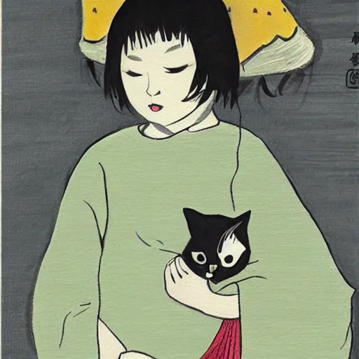 Prompt: a cat attempts to hold an extremely angry child, lowbrow painting by 奈 良 美 智