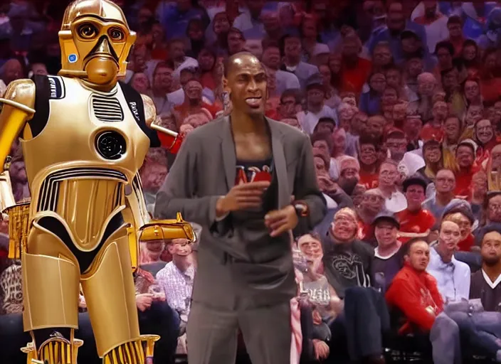 Image similar to ESPN still of C-3PO playing in the nba playoffs live on espn, 4k