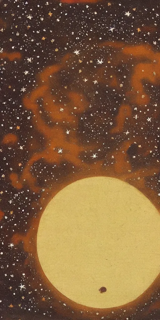 Image similar to oriental painting of the nebula, moon is high above the earth, detailed, refined, high quality, parchment, blackened space, lots of stars