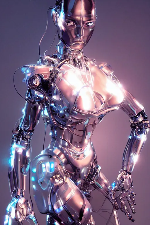 Image similar to a stunning robot woman with cybernetic enhancements, wires, led lights, glowing lights, futuristic, by artgerm and wlop and bosch