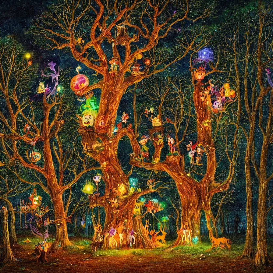 Image similar to a night carnival around a magical tree cavity, with a surreal orange moonlight and fireworks in the background, next to a lake with iridiscent water, christmas lights, folklore animals and people disguised as fantastic creatures in a magical forest by summer night, masterpiece painted by peter von cornelius, dark night environment