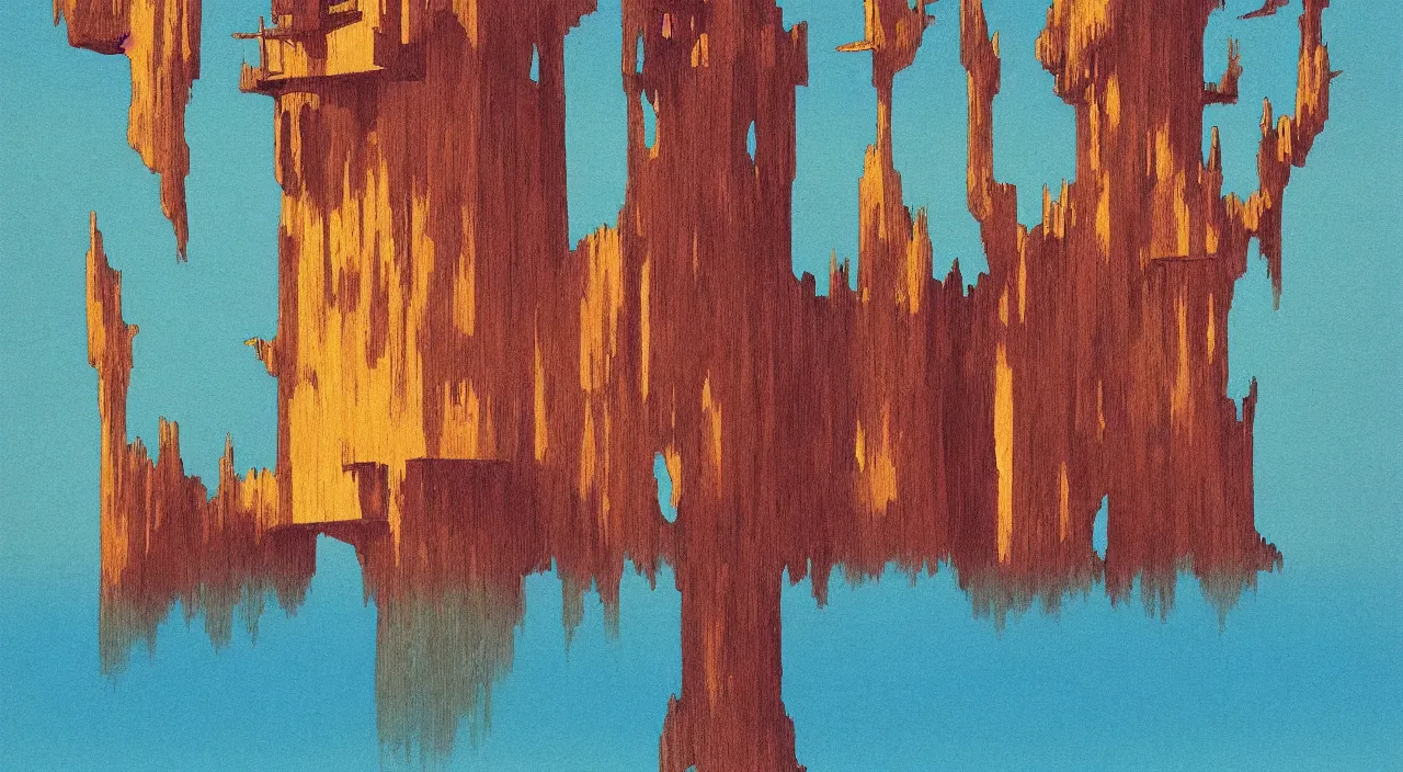 Prompt: single flooded simple wooden tower, very coherent and colorful high contrast!! masterpiece by roger dean, minimalist, dark shadows, sunny day, hard lighting