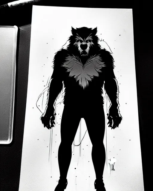 Image similar to in the style of artgerm, steve niles, rafael albuquerque, large hairy werewolf in a shopping mall at night, moody lighting, horror scary terror