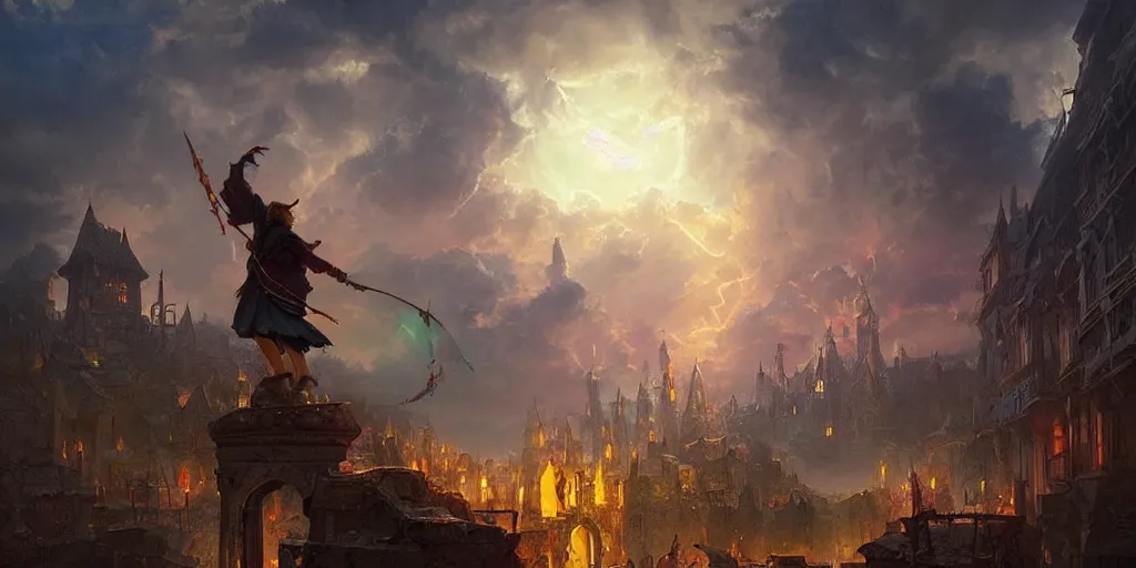 Prompt: powerful wizard casting a powerful spell on a village, beautiful composition, wide angle, colorful, cinematic, volumetric lighting, intricate details painting, by art germ, by greg rutkowski