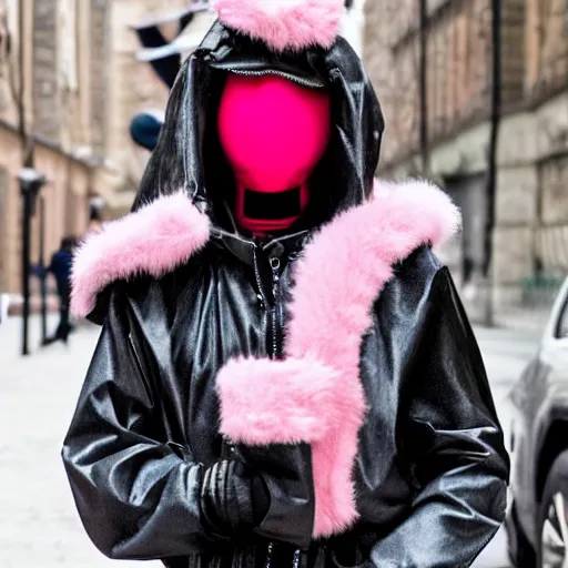 Prompt: russian cosplayer wearing a pink anorak designed by balenciaga
