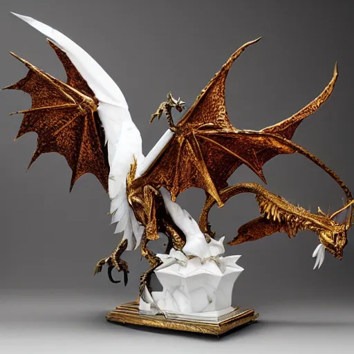 Image similar to feathered dragon, white marble with gold accents, by ellen jewett