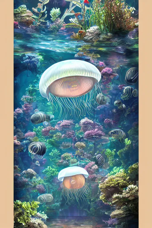 Image similar to a beautiful painting of a cylindrical moon jellyfish tank in an aquarium, ray of light, shimmering and prismatic, rococo, highly detailed, trending on artstation.