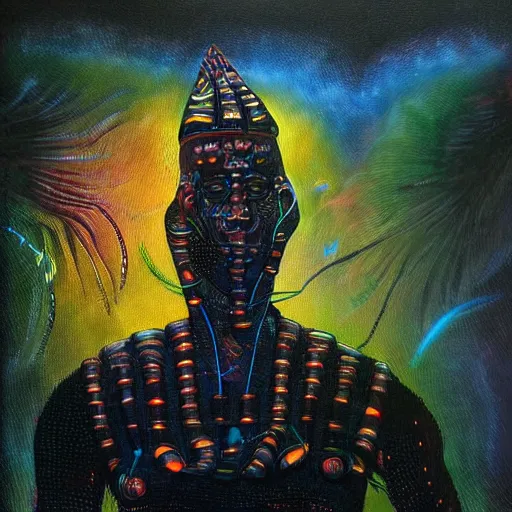 Prompt: afrofuturistic techno mage, dark fantasy, occult, high quality surrealist painting