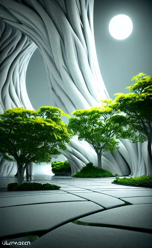 Image similar to highly detailed ultra sharp 3 d render cinematic composition of a smooth ceramic porcelain magnolia stone white fluid fractal sci - fi surreal architecture landscape, marble, magnesium, vining foliage blooms, archviz, vincent callebaut composition, mamou - mani, beautiful lighting, 8 k, unreal engine, hdr, dof