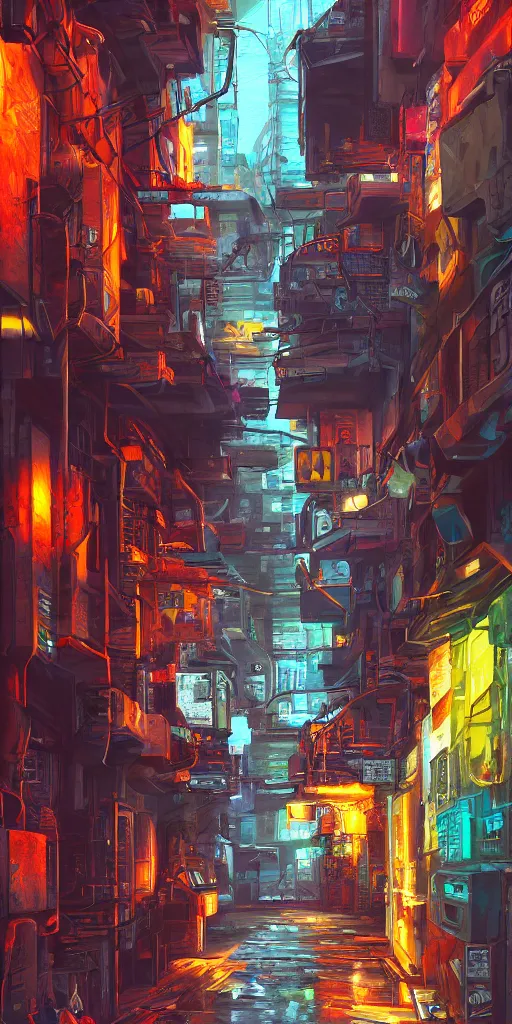 Image similar to cyberpunk alley!! oil painting, 8 k, sharp edges, blender,
