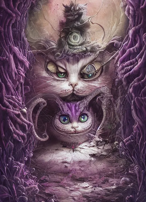 Prompt: cheshire cat, highly detailed, cinematic, 8 k, by megan duncanson, benjamin lacombe, stanley artgermm, tom bagshaw, craig mullins, carne griffiths, ayami kojima, beksinski, giger, trending on deviantart, hyper detailed, horror, full of colour