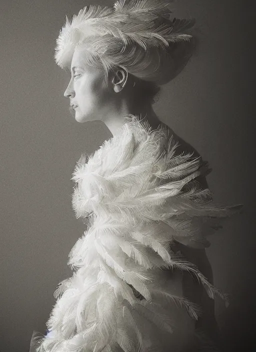 Image similar to a woman's face in profile, made of elaborate swan feathers, in the style of the Dutch masters and Gregory Crewdson, dark and moody