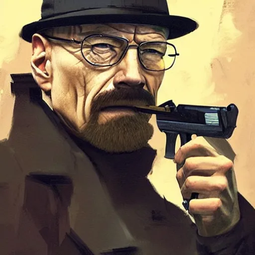 Image similar to walter white as a mafia chief with a gun in a street trending on artstation, painted by greg rutkowski