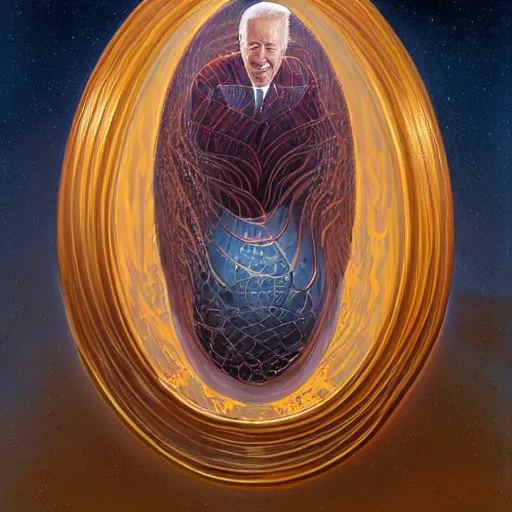 Image similar to presidential portrait of immense, majestic, surreal, terrifying joe biden emerging from the cosmic egg, perfectly clear face, by j. c. leyendecker, alex grey, anato finnstark, bosch, and beksinski