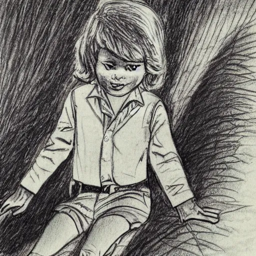 Image similar to a children illustration of a kid dreaming, ballpoint sketch, vintage, 7 0 s, dreaming about the night