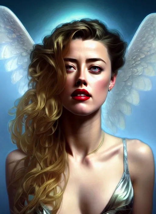 Prompt: portrait of amber heard as an sultry angel, wings, bible, intricate, headshot, highly detailed, digital painting, artstation, concept art, sharp focus, cinematic lighting, illustration, art by artgerm and greg rutkowski, alphonse mucha, cgsociety