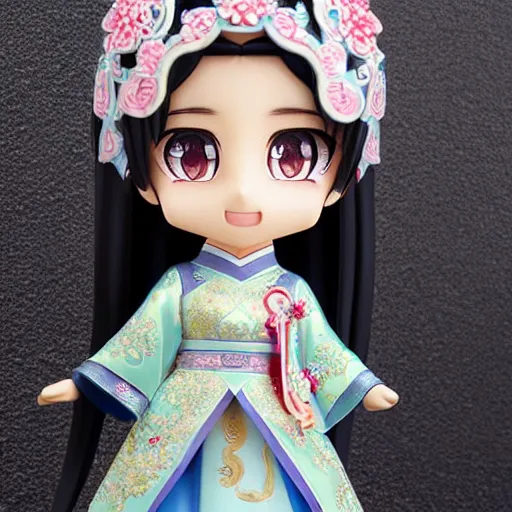 Image similar to cute and gorgeous asian girl in a pretty intricate chinese dress, beautiful symmetrical eyes, nendoroid face symmetry