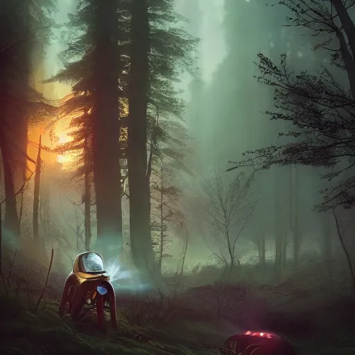 Prompt: a young pilot next to his crashed plane in a magical forest, with fog in the distance, steampunk, an epic fantasy, dramatic lighting, cinematic, establishing shot, extremely high detail, photorealistic, cinematic lighting, artstation, by simon stalenhag, christopher nolan