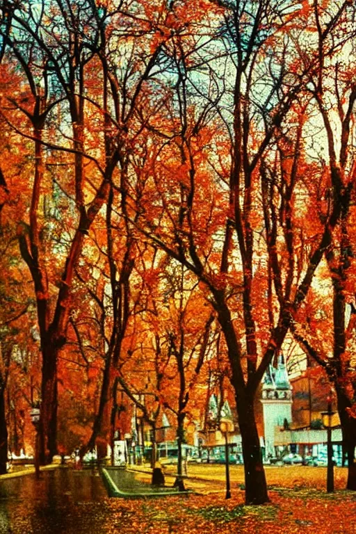 Image similar to a lomographic photo of moscow, autumn, cinestill, bokeh