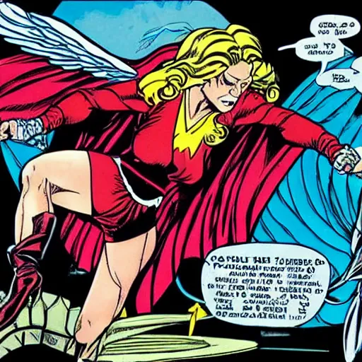 Image similar to a female wizard with wings snarls at her superhero enemy, by todd mcfarlane