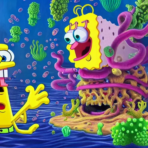 Image similar to spongebob squarepants and squidward smoke weed under the sea, extremely detailed oil painting, high clarity, highly detailed, abstract, deep aesthetic, 8 k, highly ornate intricate details, cinematic lighting, rich colors, digital artwork, beautiful scenic view, ray tracing, hyperrealistic, photorealistic, cinematic landscape, trending on artstation, concept art,