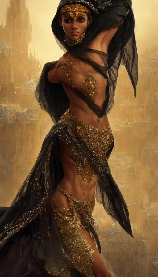 Prompt: dancer, arabian, black skin, veils, , sweaty, intricate fashion clothing, insane, intricate, highly detailed, digital painting, artstation, concept art, smooth, sharp focus, illustration, Unreal Engine 5, 8K, art by artgerm and greg rutkowski and alphonse mucha