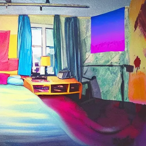 Prompt: low quality stories painting inside a colorful studio photo in a bedroom