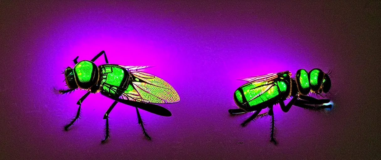 Prompt: high quality photo glowy iridescent giant fly! jeweled very beautiful! highly detailed digital art david ligare elson peter cinematic purple neon lighting high quality low angle hd 8k sharp shallow depth of field