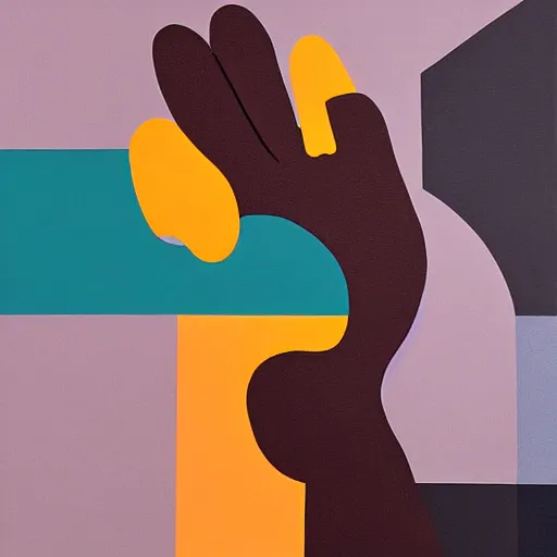 Prompt: A painting of a hand holding a telephone, abstract painting in the style of Sophie Taeuber-Arp and Gary Hume and Tatsuro Kiuchi, flat colour-block style, geometric abstraction, dark earthy colours