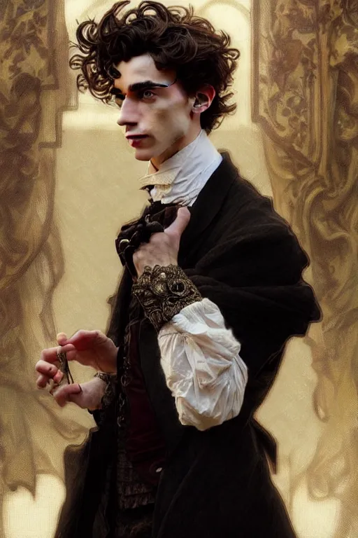 Image similar to Timothée Chalamet dressed in Victorian fashion, D&D, fantasy, intricate, elegant, highly detailed, digital painting, artstation, concept art, matte, sharp focus, illustration, art by Artgerm and Greg Rutkowski and Alphonse Mucha