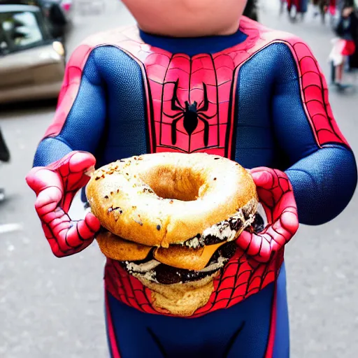 Prompt: overweight spider - man eating a bagel, photograph, 8 k