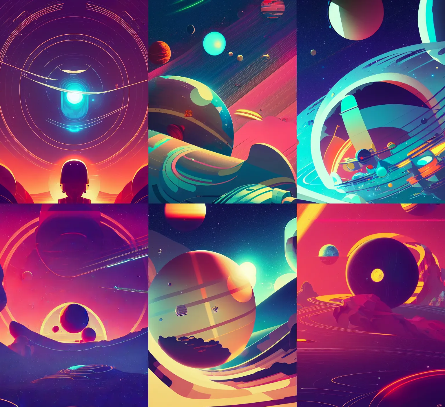 Prompt: retrofuturistic minimalistic graphics of planets and orbit lines, space graphics art in background, close up, wlop, dan mumford, artgerm, liam brazier, peter mohrbacher, 8 k, raw, featured in artstation, octane render, cinematic, elegant, intricate, 8 k