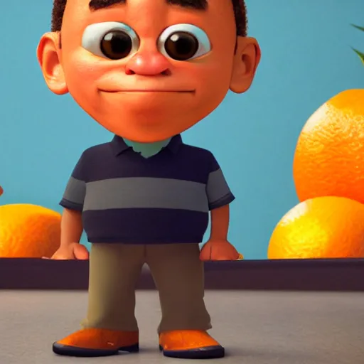 Image similar to oj simpson with orange juice head!!!!, pixar character, stage background, pixar, 3 d,