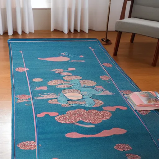 Prompt: A blue colored Japanese ukiyo-e rug with a Persian rug edge.,with soft pink colors