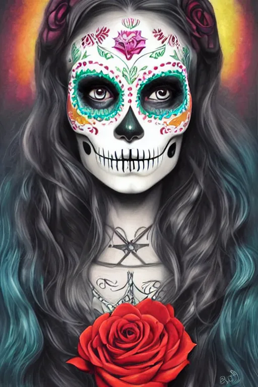 Prompt: Illustration of a sugar skull day of the dead girl, art by charlie bowater