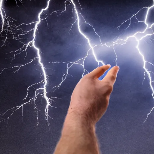 Image similar to zeus with his hand in the air calling down a lighting strike, 8k super detailed, highly detailed, ultra hd, professional digital art, artistic, cinematic,