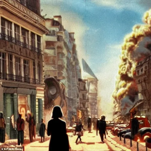 Image similar to a typical Parisian street of the future, in the foreground a man and a woman from behind, in the back at the bottom of the street a spaceship destroying buildings, American blockbuster style, multiple details