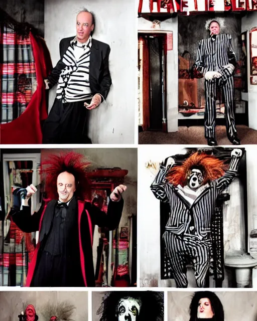 Prompt: photoshoot of michael keaton as beetlejuice, photoshoot in the style of annie leibovitz