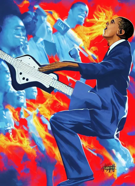 Prompt: Barack Obama shredding on an electric guitar in the style of Jason Edmiston