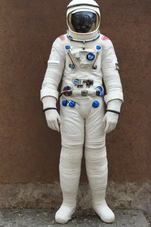 Image similar to a beautiful sculpture of a cosmonaut in space suit by christophe charbonnel, rust and plaster materials