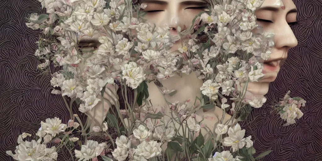 Image similar to breathtaking detailed concept art painting art deco pattern of faces goddesses of white flowers with anxious piercing eyes and blend of flowers and birds, by hsiao - ron cheng and john james audubon, bizarre compositions, exquisite detail, extremely moody lighting, 8 k