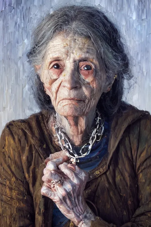 Image similar to palette knife oil painting portrait of ariadne, a mysterious spiritual guide who is a chain smoking old lady in an ashen trench coat. extreme detail, any racial background, artstation trending, artgerm, deviant art, octane, substance, art history 8 k