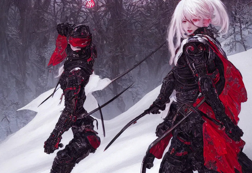 Image similar to portrait ninja gaiden girl, armored white and red reflective vests ninja wardrobe, at snowy fuji mountain fallen night, ssci - fi and fantasy, intricate and beautiful and detailed, digital painting, artstation, concept art, smooth and sharp focus, illustration, art by tian zi and wlop and alphonse mucha