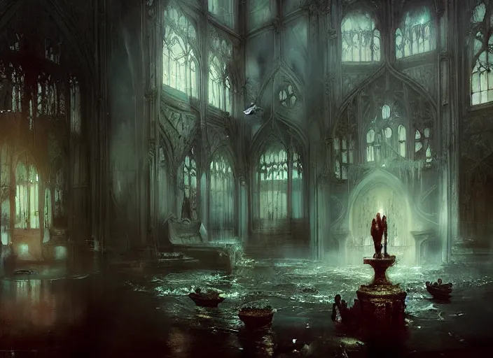 Image similar to flooded gothic mansion, ornate, magical, artwork, paint, soft colors, bastien lecouffe deharme, by jeremy mann
