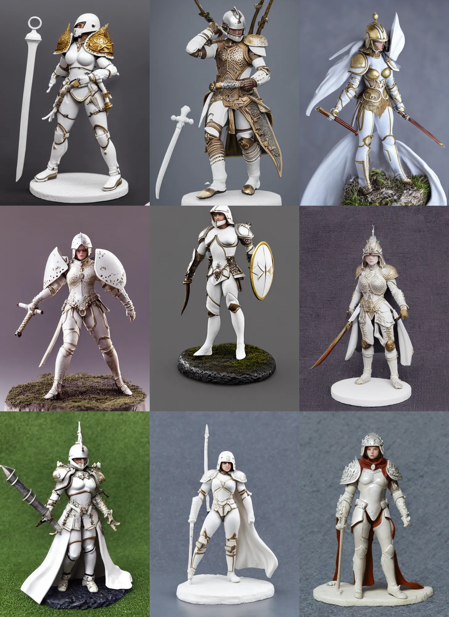 Prompt: 80mm resin detailed miniature of a Queen of war, white armor, iron mask and helmet, Very long white cloak, Very muscular, abdomen, olive skin, on a little grassy textured base; Miniature product Introduction Photos, Logo, 4K, Full body; Front view
