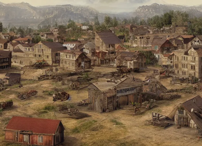 Prompt: realistic photo of a town, settlement, buildings, detailed scenery, present-day time period