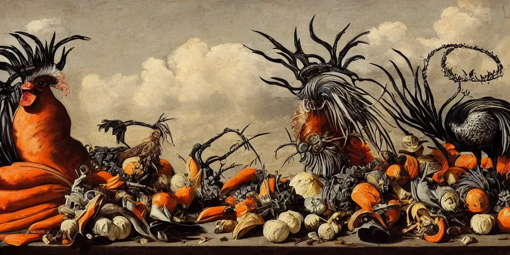 Prompt: portrait, war, knight, tomes, rooster, feathers, horns, carriage, famine, death, war, wide angle, puffy clouds, skies behind, stars in sky, italian masterpiece, Ashford Black Marble, sculpture, baroque, draped with orange carrot pumpkins and vines and spines, marble and gold, drapes, white details, still life, Obsidian, portrait, worms, render, artstation, ultra detailed