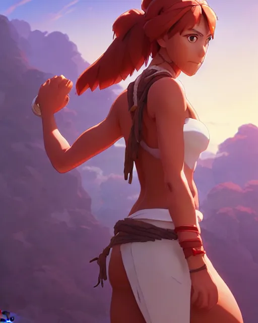 Prompt: ginger tanned woman in a prehistoric outfit, by artgerm, hair tied in a ponytail, white background, by studio muti, greg rutkowski makoto shinkai takashi takeuchi studio ghibli