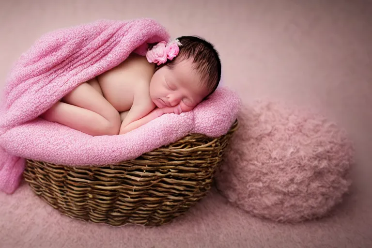 Image similar to beautiful sleeping newborn chubby baby girl wrapped in pink blanket inside a wooden basket on top of flowers and a furry pink carpet, newborn photography style, photographic, ultra realistic, highly detailed, octane render